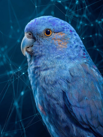 A striking neon-lit scene featuring a lively blue parrot set against a sleek, high-tech backdrop,...