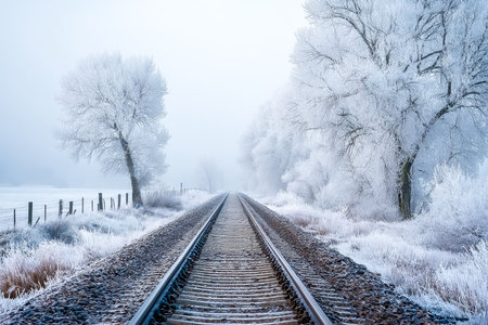 A tranquil winter scene featuring frost-laden trees alongside dormant railway lines, stretching into a soft, rolling fog that blurs the horizon.の写真素材