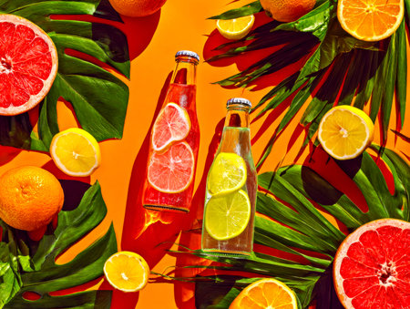 Bright, refreshing drinks in vivid hues sit amidst a spread of juicy tropical fruits and vibrant...