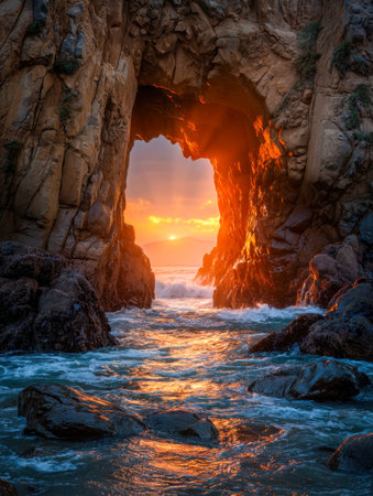 A breathtaking scene featuring a glowing sunset casting amber hues through a stone arch,...