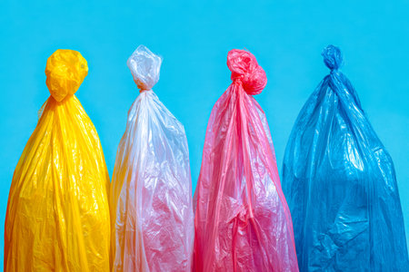 An array of vibrant plastic bags intricately knotted, creating a playful contrast against a bold,...