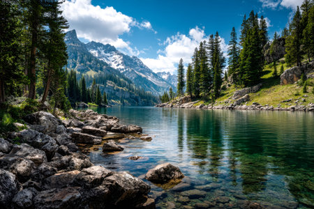 Crystal-clear waters reflect vibrant greenery and towering alpine summits, creating a peaceful scene...