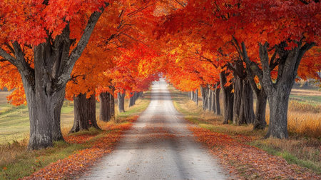 A peaceful journey along a rustic path, framed by colorful fall foliage that creates a warm,...