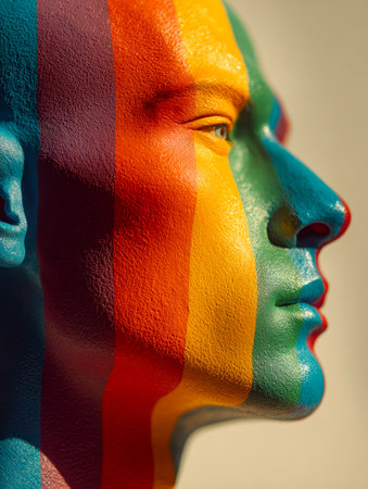 A striking portrait featuring bold rainbow-colored brushstrokes accentuating facial features, capturing emotion and creativity in vivid detail.の写真素材