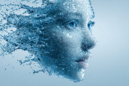 A visionary digital portrait blending human features with cascading water elements, evoking themes...