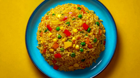 A vivid mix of vegetables and fluffy rice artfully arranged on a striking blue dish, evoking freshness and lively flavors perfect for a wholesome meal.の写真素材