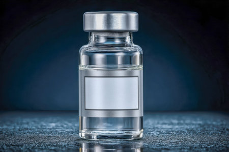 A transparent glass container with a sleek metal lid and an empty label rests on a rugged, shadowed surface, evoking a sense of precision and scientific potential.の写真素材