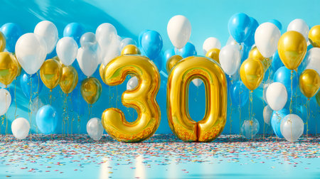 A lively scene filled with cheerful balloons, shimmering golden 30 signs, and vibrant confetti...