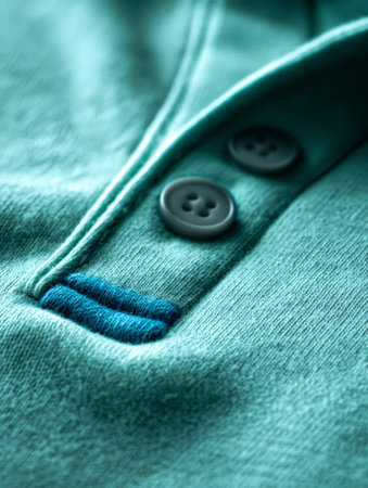 A detailed view highlighting the rich teal hue of a polo shirt, featuring polished buttons and...