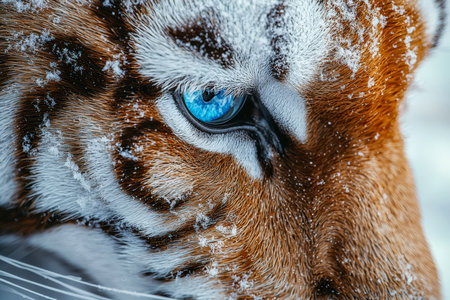 Intense gaze captures the vivid blue eye amidst icy fur, revealing the tiger's resilience in cold winter wilderness.の写真素材