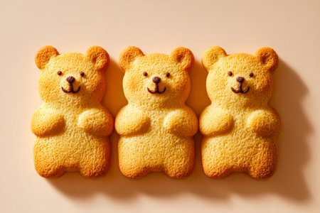 Soft, fluffy sponge treats crafted into charming bear faces, neatly lined up to evoke sweetness and delight perfect for a cheerful dessert display.の写真素材