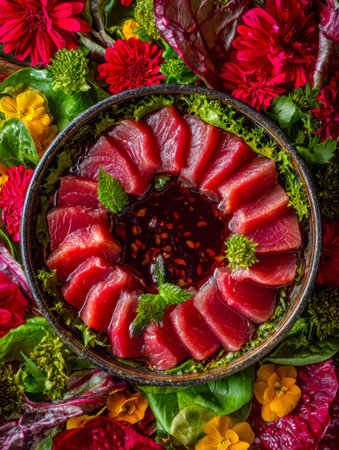 Thinly sliced tuna arranged elegantly on a plate, accompanied by a glossy soy sauce dip, framed by colorful blossoms and fresh leafy garnishes, exuding freshness and artistry.の写真素材