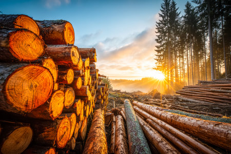 Warm, amber light bathes a wooded landscape where carefully arranged timber contrasts with towering...