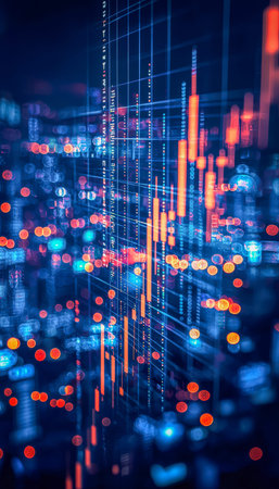 A dynamic representation of financial markets illuminated by vibrant, glowing data streams and...