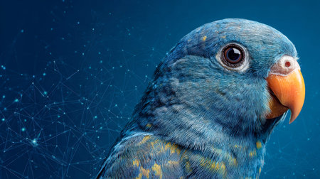 A vibrant blue parrot perches amidst a digital grid, symbolizing connectivity and the harmony...