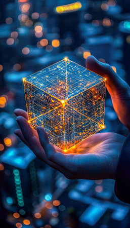 A sleek, glowing digital cube gripped by a hand against a vibrant city skyline illuminates a vision...