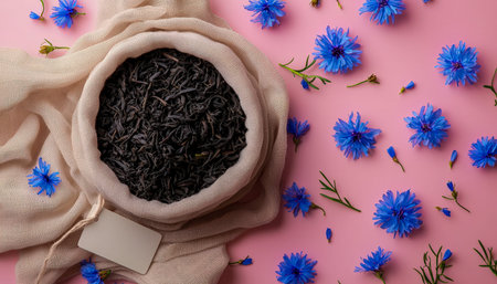 Fragrant black tea leaves encased in fabric, framed by delicate blue cornflowers, set against a warm, pastel pink backdrop for a charming, cozy vibe.の写真素材