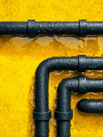 Textured black pipes against a vibrant yellow backdrop, glistening with moisture and tiny droplets, evoking industrial grit and vibrant contrast.の写真素材