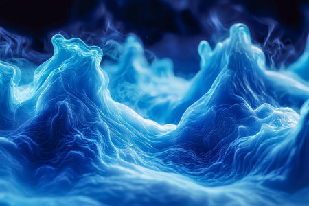 Vibrant icy spires shimmer with an ethereal glow, surrounded by swirling azure fog that creates a...