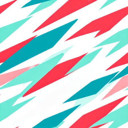A lively arrangement of interlocking shapes in bold reds, teals, and pinks creates an energetic...