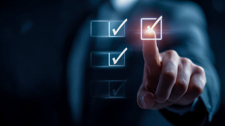A professional revises an organized digital task list, highlighting finished items on a sleek screen...