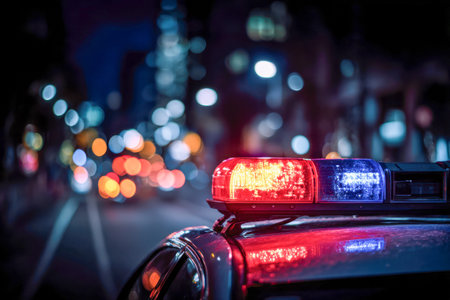 Vibrant red and blue siren beams cut through the darkness, illuminating a bustling city street...
