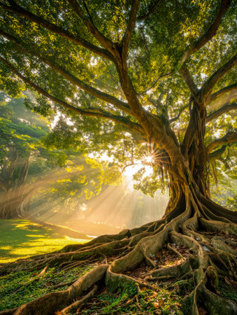 Golden rays penetrate the canopy of an ancient, towering tree, its expansive roots weaving through a tranquil forest floor, evoking serenity and timeless beauty.の写真素材