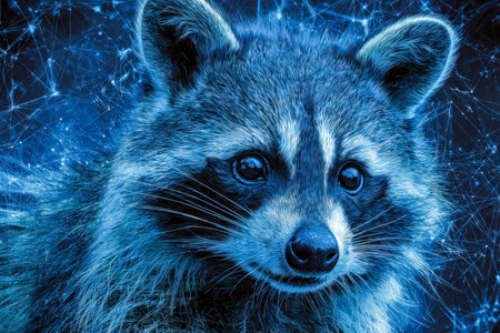 An intricate digital illustration features a fascinated raccoon with shimmering azure fur, encased in a web of luminous strands and radiant celestial points in a moody, dの写真素材