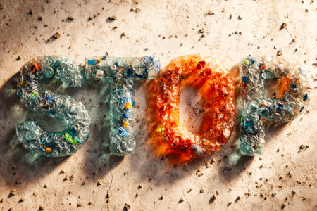 Vibrant pieces of recyclable plastic form the word "stop" against a textured, weathered background, creating a striking statement on environmental awareness and creativity.の写真素材