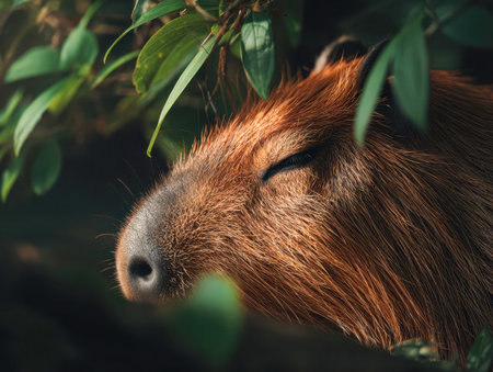 A tranquil capybara rests peacefully amid lush green foliage, its eyes gently closed, embodying serenity in its natural environment during a calm daytime.の写真素材
