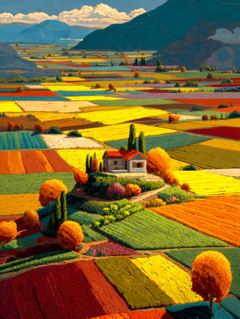 A colorful mosaic of gentle hills and lush farmland, where vivid patches of cultivated land stretch into the horizon under a bright sky.の写真素材