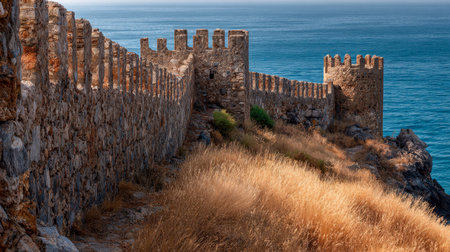 Weathered fortress stones gaze over tranquil azure waters, where golden grasses flourish beside jagged cliffs illuminated by warm sunset hues.の写真素材