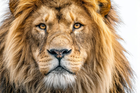 A powerful, regal feline with a luminous, flowing mane gazes intently, embodying strength and nobility amidst the wilderness.の写真素材