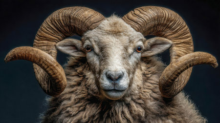 A striking close-up highlights the formidable features of a regal mountain sheep, showing its sweeping horns and dense fleece amid a moody dark backdrop.の写真素材