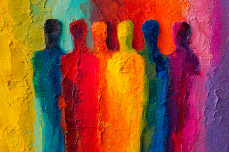 A lively mosaic of multicolored figures celebrating unity and diversity through swirling shades and dynamic forms against a bright, energetic backdrop.の写真素材