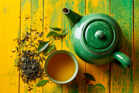 A charming green teapot steaming with fragrant tea, surrounded by aromatic loose leaves and crisp fresh greenery, set against a lively yellow and green wooden backdrop.の写真素材