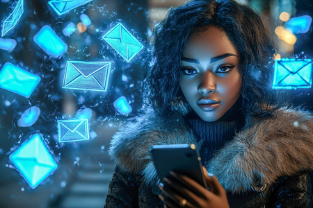 A woman engages with her device in a vibrant digital environment, surrounded by luminous symbols and...
