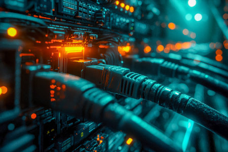 A futuristic data center featuring vibrant, illuminated wiring and pulsating hardware, emphasizing...