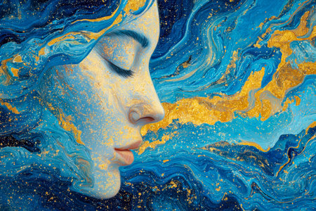 A tranquil woman's visage emerges softly from a vibrant dance of azure and gilded ink currents, evoking calm and elegance in an artistic interplay.の写真素材