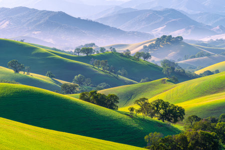 Verdant slopes stretch across rolling terrain beneath majestic peaks, evoking serenity and natural...