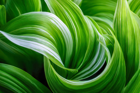 Lush foliage boasting vivid green hues and delicate white-lined tendrils twist elegantly, infusing the scene with lively movement and a sense of vibrant vitality.の写真素材