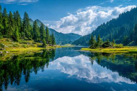 A peaceful alpine scene featuring a mirror-like lake surrounded by dense green pines, with soft...