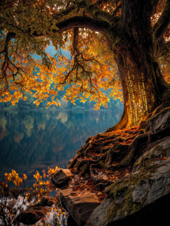 A mystical fall landscape featuring a grand tree illuminated with streaming digital symbols, reflected in a tranquil lakeside under a golden-coated sky.の写真素材
