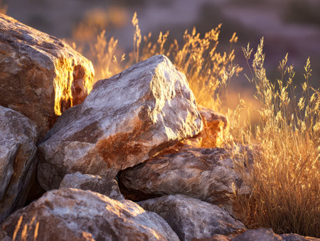 Sunlit rocks and wild grasses in a desert landscapeの写真素材