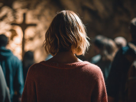 A tranquil moment captures a woman with a chic short hairstyle immersed in silent meditation beside a gently glowing cross amidst lush, peaceful surroundings.の写真素材