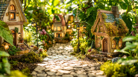Whimsical tiny homes line a rustic stone pathway, nestled amid vibrant foliage and blooming plants, creating a enchanting, storybook garden scene.の写真素材