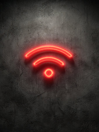 A vivid red neon icon depicting a wireless signal glows against a rugged dark concrete surface, with...