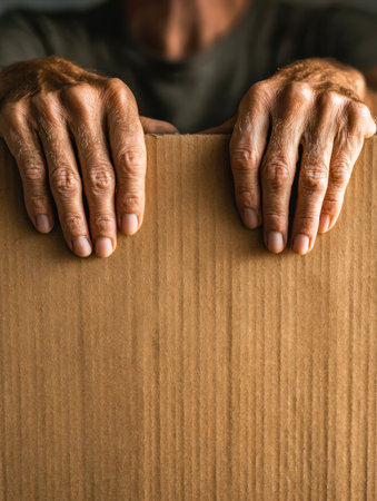 Aged hands firmly grasp the rough edge of a cardboard container, their textured surface revealing years of hard work, set against a softly blurred backdrop.の写真素材