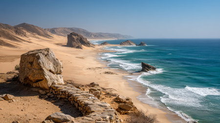 A breathtaking arid shoreline with jagged stone structures meeting vibrant azure waves, set beneath a radiant sky and gentle rolling dunes in the distance.の写真素材