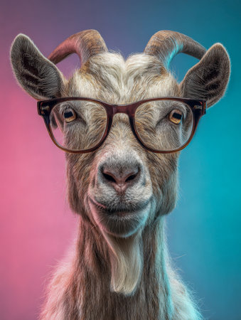 A charming goat with oversized retro spectacles gazes inquisitively against a gentle pink-blue gradient backdrop, radiating cleverness and playful eccentricity.の写真素材